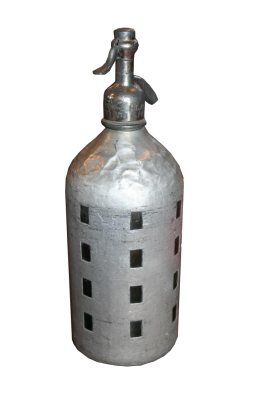 Sifone da seltz vintage in alluminio e vetro.